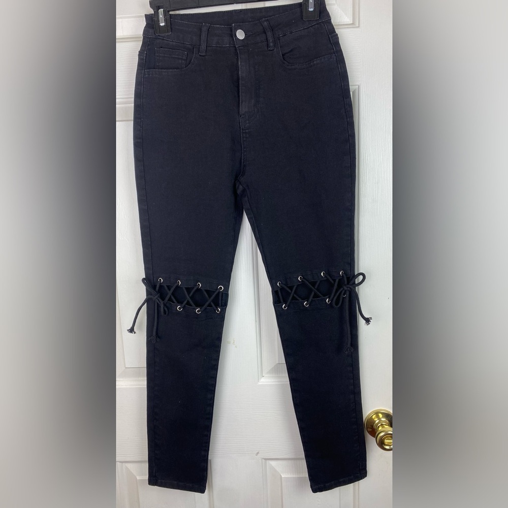 Black Jeans Womens Small Black Lace-Up Knee Jeans High Rise